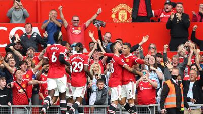 Cristiano Ronaldo celebrates with Bruno Fernandes after scoring Manchester United's first goal. Getty Images