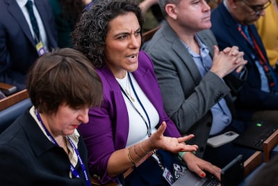 The National's White House correspondent Jihan Abdalla asks a question in the briefing room. EPA