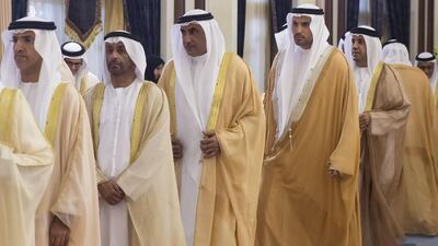 From left: Dr Mugheer Al Khaili, Chairman of the Health Authority - Abu Dhabi (Haad) and Abu Dhabi Executive Council Member, Saeed Eid Al Ghafli, Head of the Infrastructure and Environment Committee and Chairman of the Department of Municipal Affairs of Abu Dhabi Executive Council, Major General Mohamed Khalfan Al Romaithi, Head of the Security, Justice, Health and Safety Committee of Abu Dhabi Executive Council and Deputy Commander General of Abu Dhabi Police, Khaldoon Khalifa Al Mubarak, Chief Executive and Managing Director, Mubadala and Chairman of the Executive Affairs Authority, and Ali Majed Al Mansouri, Head of the Economic Development Committee and Chairman of the Department of Economic Development of Abu Dhabi Executive Council, at a reception for King Mohammed VI. Rashed Al Mansoori / Crown Prince Court - Abu Dhabi