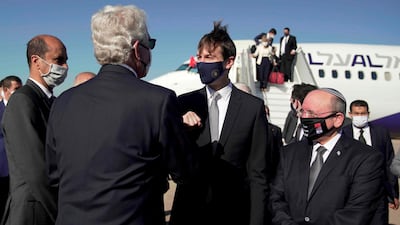 A handout picture released by the US Embassy in Morocco , shows US Ambassador David T. Fischer (2nd L) welcoming US Presidential advisor Jared Kushner and Israeli National Security Advisor Meir Ben Shabbat (R) in Moroco's capital Rabat, upon landing of the first Israel-Morocco direct commercial flight, marking the latest US-brokered diplomatic normalisation deal between the Jewish state and an Arab country. AFP