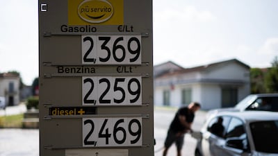 Prices per litre of unleaded petrol and diesel at a fuel station in Saluzzo, Italy. Governments have a number of options to tame prices at the pump, including tapping into strategic reserves and introducing fuel subsidies. AFP