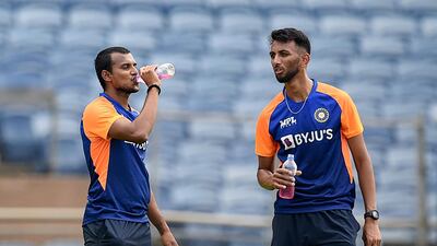 India fast bowlers T Natarajan, left, and Prasidh Krishna during training. AFP