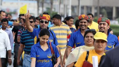 Crowd outside the stadium for the IPL match between Chennai Super Kings vs Rajasthan Royals at Dubai International Cricket Stadium in Dubai. Pawan Singh / The National