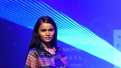 A patchwork outfit by Pankaj & Nidhi. AFP