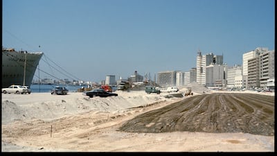 An image by Mark Harris in 1977 of Baniyas Road, the waterfront artery around Deira, being extended on land that had been reclaimed from the waters of Dubai Creek