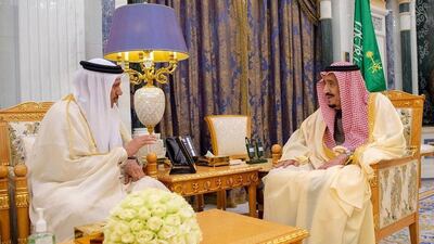 Saudi Arabia's King Salman meets with Secretary-General of the GCC Abdullatif bin Rashid Al Zayani in Riyadh. Saudi Press Agency / Handout via Reuters