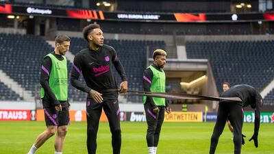 Pierre-Emerick Aubameyang takes part in a Barcelona training session in Frankfurt. EPA