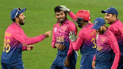 UAE's Karthik Meiyappan celebrates his hat-trick against Sri Lanka during their T20 World Cup match at the Kardinia Park in Geelong on Tuesday, October 18, 2022. AFP