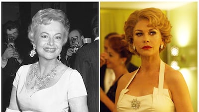 Actress Olivia de Havilland in 1968, left; and Catherine Zeta-Jones portraying her in the FX series, Feud: Betty and Joan. AP Photo/FX