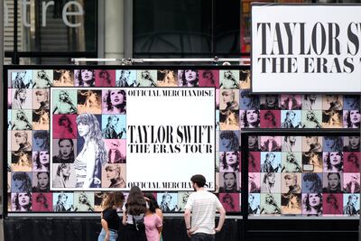 A Taylor Swift merchandise kiosk at Wembley Stadium in London. AP