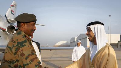 Sheikh Mansour bin Zayed, UAE Deputy Prime Minister and Minister of Presidential Affairs (right) receives Lieutenant General Abdel Fattah Al Burhan Abdelrahman, Head of Transitional Military Council of Sudan, at the Presidential Airport. Mohamed Al Hammadi / Ministry of Presidential Affairs