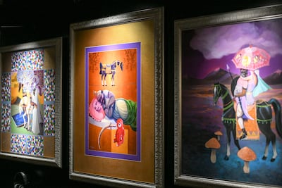 Mahmoud Shubbar's paintings depict the love story of pre-Islamic warrior and poer Antarah Ibn Shaddad and his cousin Abla. Khushnum Bhandari / The National