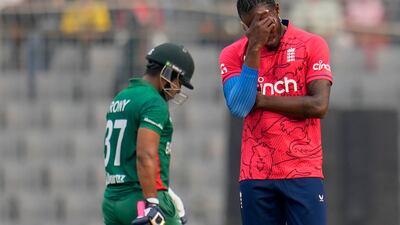 England bowler Jofra Archer after teammate Rehan Ahmed dropped Bangladesh's Rony Talukdar. AP