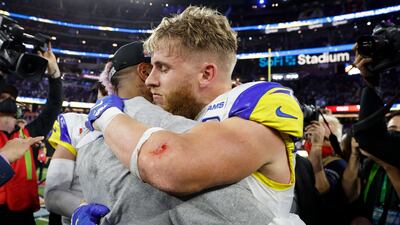 Los Angeles Rams wide receiver Odell Beckham Jr. and Los Angeles Rams wide receiver Cooper Kupp, right, embrace. EPA