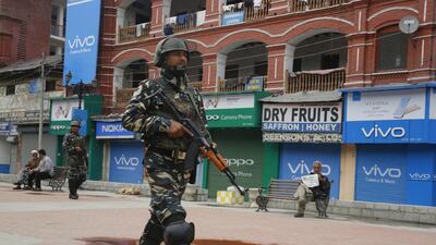 Indian paramilitary soldiers patrol during a shutdown called by separatist leaders in Srinagar, the summer capital of India-controlled Kashmir, on April 2, 2017. Farooq Khan / EPA