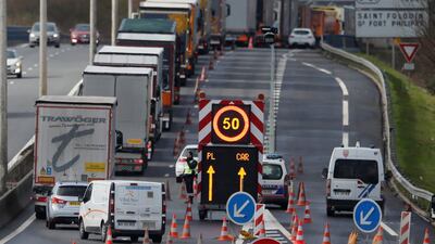 Lorries queue on the Dunkirk-Calais motorway, a result of French customs increasing their controls on transported goods as the Brexit deadline approaches. Reuters