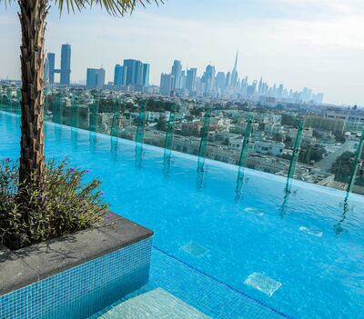 Dubai skyline views at High Note Pool and Sky Lounge, Aloft Al Mina Hotel.