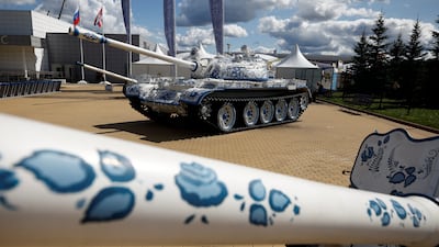 A tank and howitzers decorated with traditional Russian Gzhel paint are also on display. Reuters