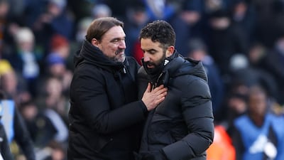 Ruben Amorim with Leeds United manager Daniel Farke after their draw on Sunday - his last match in charge of Manchester United. EPA
