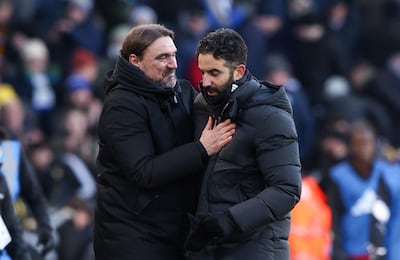 Manchester United head coach Ruben Amorim with Leeds United manager Daniel Farke. EPA