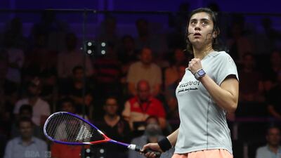 Nour El Sherbini of Egypt reacts after she scored a point against Joelle King of New Zealand during the Dubai World Series Finals squash tournament in Dubai. Kamran Jebreili / AP Photo