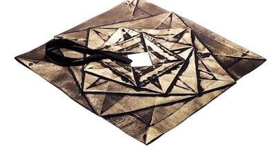 132 5 Dress, 2010, is folded, origami-style according to precise computer calculations. It is part one of a two-piece ensemble by the Japanese designer Issey Miyake, by Reality Lab, an experimental design laboratory headed up by Miyake, and the Miyake Design Studio. Hiroshi Iwasake / Courtesy Museum of Fine Arts, Boston.