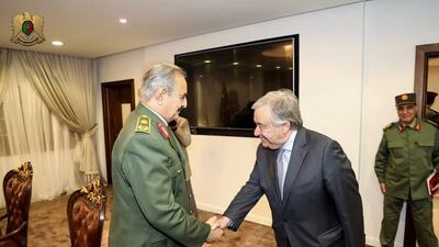UN Secretary-General Antonio Guterres meets Field Marshall Khalifa Haftar in Benghazi. Reuters