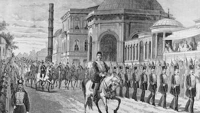 The Ottoman Sultan Abdul Hamid II in Constantinople during the celebrations for his accession to the throne in September 1876, in an engraving by Antonio Bonamore. DeAgostini / Getty Images