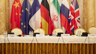 Flags of participating states at the the Iran nuclear deal negotiations in Vienna. AFP