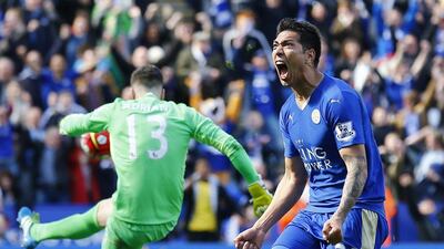 Leonardo Ulloa celebrates scoring the second goal for Leicester from the penalty spot. Reuters / Darren Staples