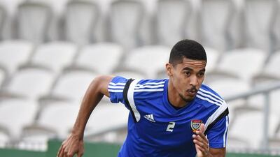 Hassan Ibrahim shown during the UAE's training session on Thursday ahead of their Asian Cup quarter-finals match on Friday. Photo Courtesy / UAE FA