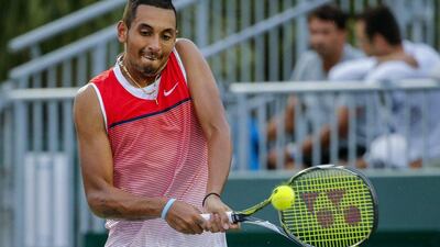 epa05235310 Nick Kyrgios of Australia in action against Andrey Kuznetsov of Russia during a fourth round match at the Miami Open tennis tournament on Key Biscayne, Miami, Florida, USA, 29 March 2016. EPA/ERIK S. LESSER