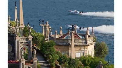 The Skydive Dubai tam boats cut through the water on Lake Maggiore in Italy on Saturday. Simon Palfrader