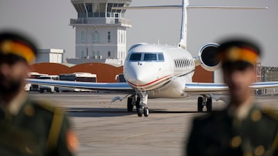 The plane carrying the Jordanian monarch lands at Al Bateen Airport. Ryan Carter / UAE Presidential Court