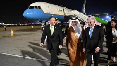 Mike Pompeo walks after stepping off his plane upon arrival at King Abdulaziz International Airport in Jeddah, Saudi Arabia. AFP