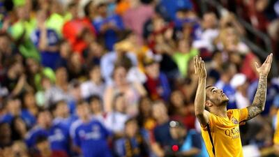 Bacelona's Sandro Ramirez celebrates scoring his side's second goal to put Barca 2-1 up on Tuesday against Chelsea in a pre-season International Champions Cup friendly. Patrick Smith / Getty Images / AFP
