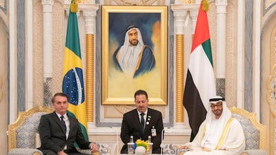 Sheikh Mohamed bin Zayed, Crown Prince of Abu Dhabi and Deputy Supreme Commander of the UAE Armed Forces, meets Jair Bolsonaro, President of Brazil, at the Presidential Palace in Abu Dhabi on Sunday. Courtesy Sheikh Mohamed bin Zayed Twitter