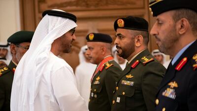 Sheikh Mohamed bin Zayed presents an Emirates Military Medals to members of the UAE Armed Forces, Ministry of Interior and Abu Dhabi Police during a Sea Palace barza.