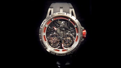 A detail of the Excalibur Spider Skeleton Double Flying Tourbillon watch during Roger Dubuis at the SIHH 2015 Day 1 on January 19, 2015 in Geneva, Switzerland. Samir Hussein / Getty Images for Roger Dubuis