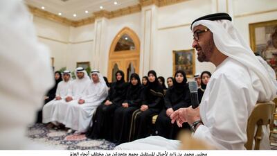 Sheikh Mohammed bin Zayed, Crown Prince of Abu Dhabi and Deputy Supreme Commander of the Armed Forces, speaks at a majlis. The first Mohammed bin Zayed Majlis for Future Generations will take place next week. Wam