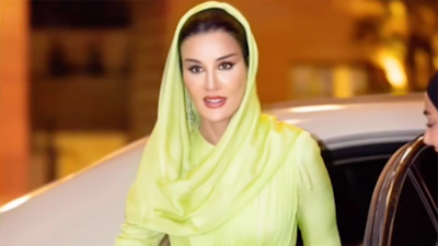 Sheikha Moza bint Nasser at the wedding reception of Jordan's Crown Prince Hussein and Princess Rajwa. Photo: @sheikhamozafashion / Instagram