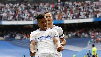 Rodrygo celebrates scoring their second goal. Reuters