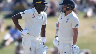 Jofra Archer and Sam Curran during day five of the first Test match between New Zealand and England at Bay Oval. Getty