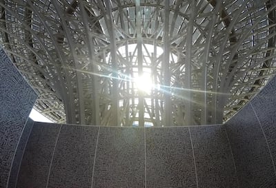 The pavilion covers 6,300 square metres of the expo site and is entirely operated from solar energy and recycled water. A 130-metre-wide canopy acts as a roof for the building and is covered with 1,055 photovoltaic panels that supply energy to the pavilion. Pawan Singh / The National