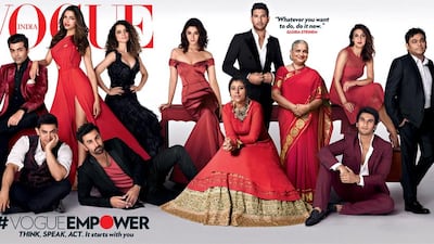 The October 2014 edition of Vogue India spreads awareness of the VoguEmpower campaign featuring Deepika Padukone, Alia Bhatt, Ranbir Kapoor, Ranveer Singh, Aamir Khan, Karan Johar and Kangana Ranaut, among others. Courtesy Vogue India