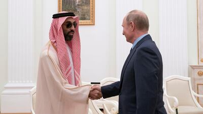 Vladimir Putin, President of Russia, greets Sheikh Tahnoon bin Zayed, UAE National Security Advisor (left), at the Kremlin. Mohamed Al Hammadi / Crown Prince Court - Abu Dhabi