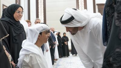 Sheikh Mohamed bin Zayed receives members of Adheedak group during an iftar reception at Al Bateen Palace. Eissa Al Hammadi for the Ministry of Presidential Affairs