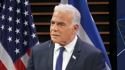 Israeli opposition leader Yair Lapid speaks at the Atlantic Council event in Washington.