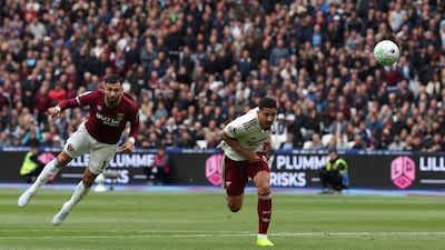 West Ham striker Valentin Castellanos heads for goal but the attempt was saved. AFP
