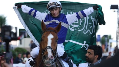 Brazilian jockey Silvestre de Sousa after winning the Godolphin Mile on Banishing. EPA